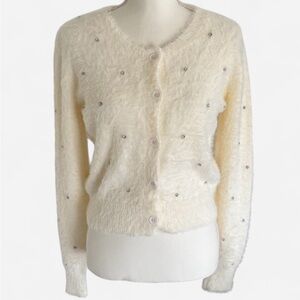 NWOT MAINSTRIP Soft Cream Fuzzy Cardigan with Rhinestone Embellished Stones M